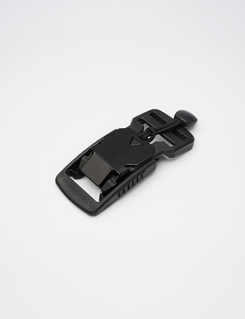 A YIPAI Buckles black plastic side-release buckle with a locking mechanism is displayed on a plain white background, angled to showcase its clasp and release features.