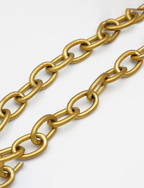 Two strands of YIPAI Chains, featuring gold-colored metal with oval links, are laid parallel on a white background.