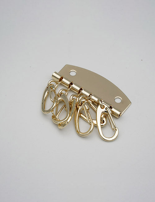 The YIPAI Rings &Slides is a gold-colored metal key holder with five hooks and two screw holes for easy surface attachment. The image features a plain, light background.